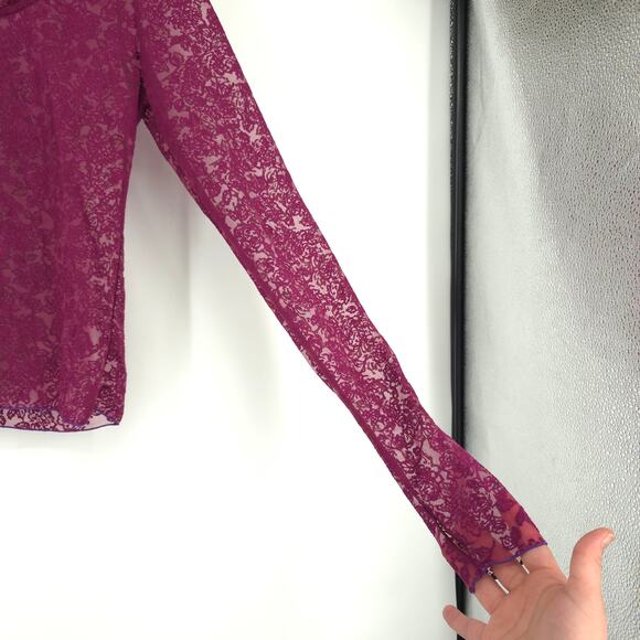 Free People Intimately Maroon Mesh Floral Long Sleeve Top Size Medium - Picture 8 of 9